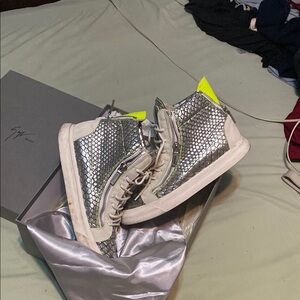 Futuristic Silver and White High-Top Sneakers